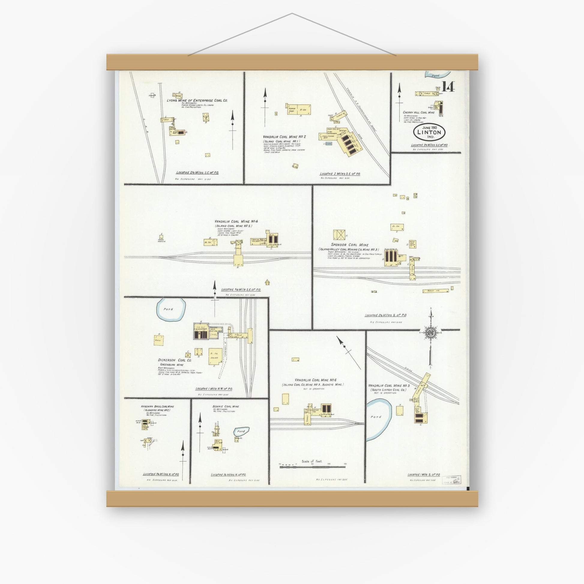Old map wall art mockup — magnetic wood frame on white wall — Sanborn Fire Insurance Map from Linton, Greene County, Indiana (1910), Sheet #0014