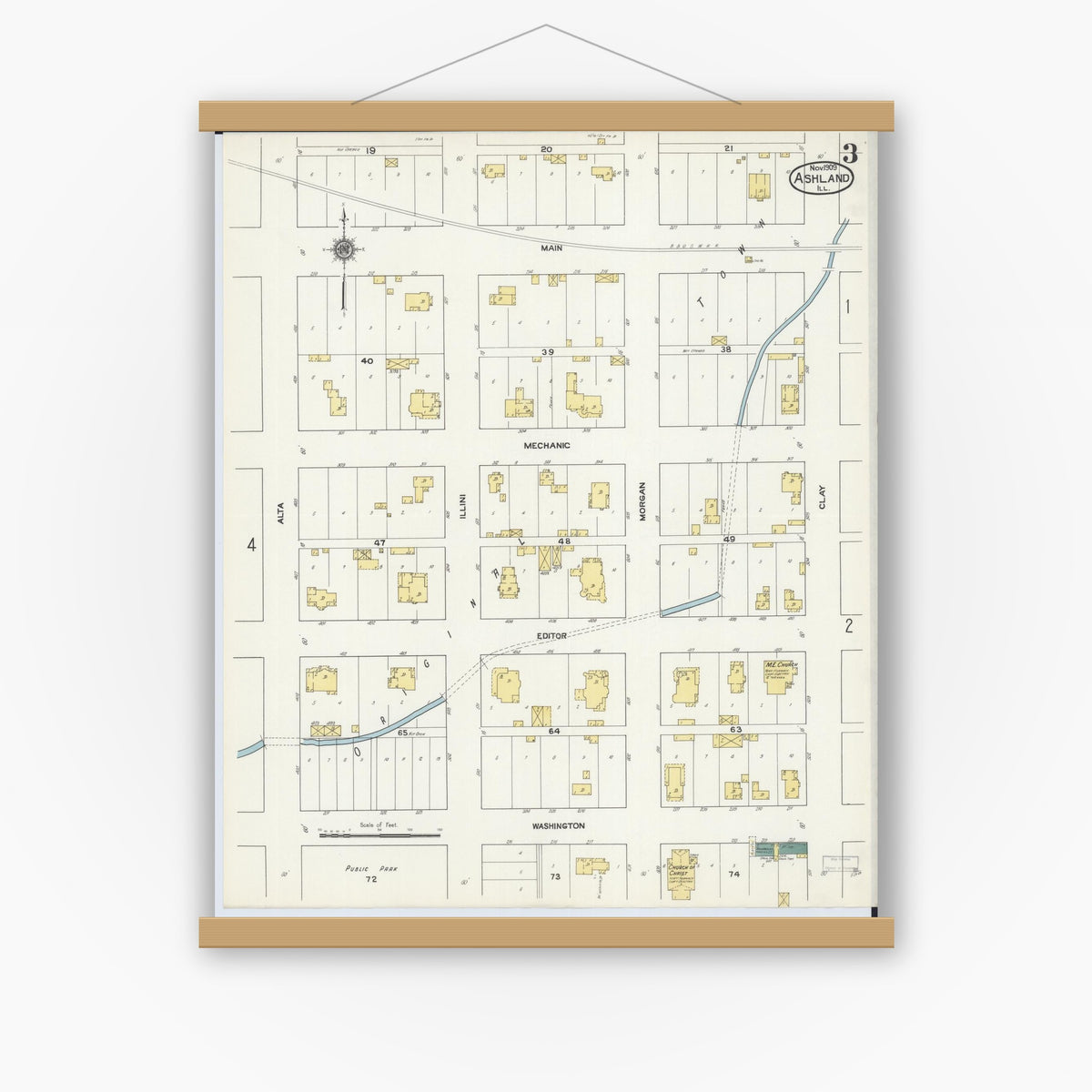 Old map wall art mockup — magnetic wood frame on white wall — Sanborn Fire Insurance Map from Ashland, Cass County, Illinois (1909), Sheet #0003