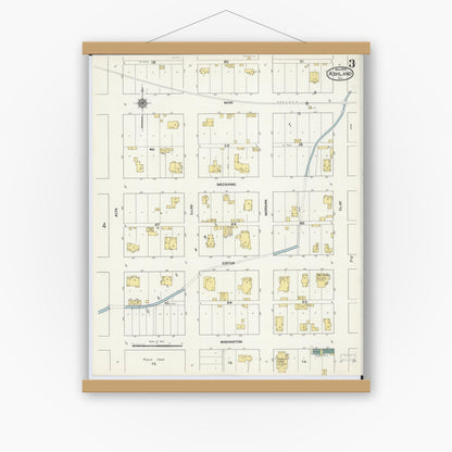 Old map wall art mockup — magnetic wood frame on white wall — Sanborn Fire Insurance Map from Ashland, Cass County, Illinois (1909), Sheet #0003