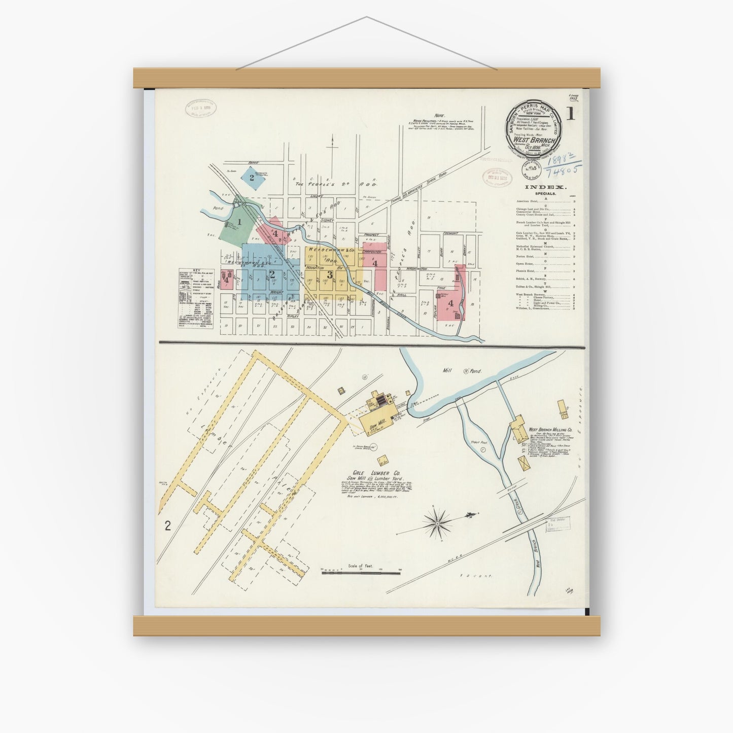 Old map wall art mockup — magnetic wood frame on white wall — Sanborn Fire Insurance Map from West Branch, Ogemaw County, Michigan (1898), Sheet #0001