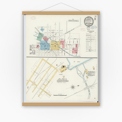 Old map wall art mockup — magnetic wood frame on white wall — Sanborn Fire Insurance Map from West Branch, Ogemaw County, Michigan (1898), Sheet #0001
