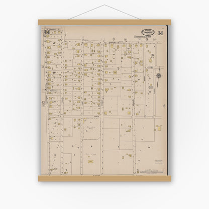 Old map wall art mockup — magnetic wood frame on white wall — Sanborn Fire Insurance Map from Commerce, Hunt County, Texas (1922), Sheet #0014