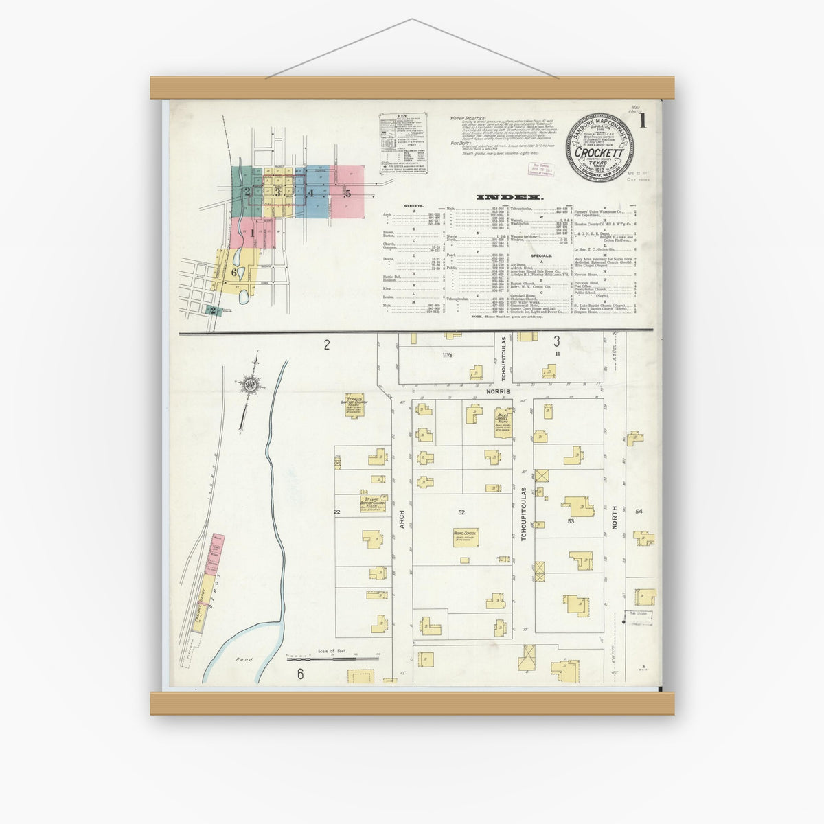 Old map wall art mockup — magnetic wood frame on white wall — Sanborn Fire Insurance Map from Crockett, Houston County, Texas (1912) - Complete Map Set