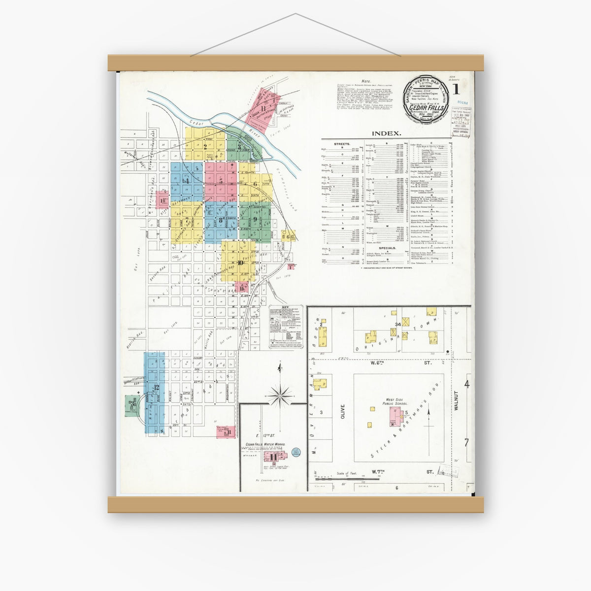 Old map wall art mockup — magnetic wood frame on white wall — Sanborn Fire Insurance Map from Cedar Falls, Black Hawk County, Iowa (1900) â€” Complete Set
