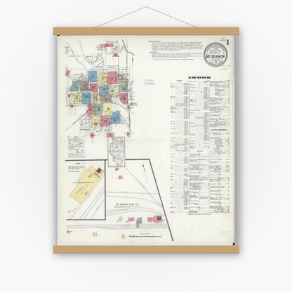 Old map wall art mockup — magnetic wood frame on white wall — Sanborn Fire Insurance Map from Mount Vernon, Jefferson County, Illinois (1913) - Complete Map Set