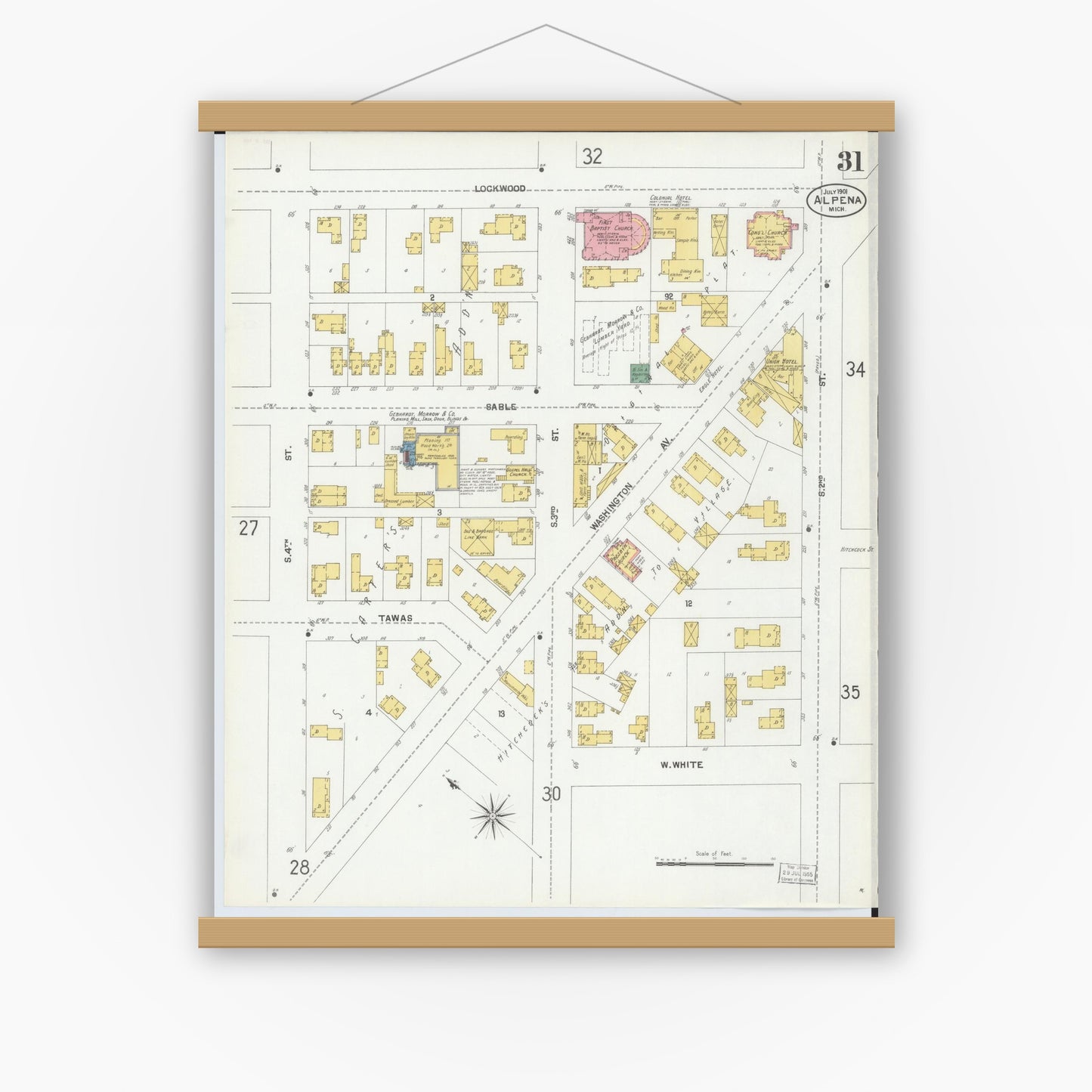 Old map wall art mockup — magnetic wood frame on white wall — Sanborn Fire Insurance Map from Alpena, Alpena County, Michigan (1901), Sheet #0031