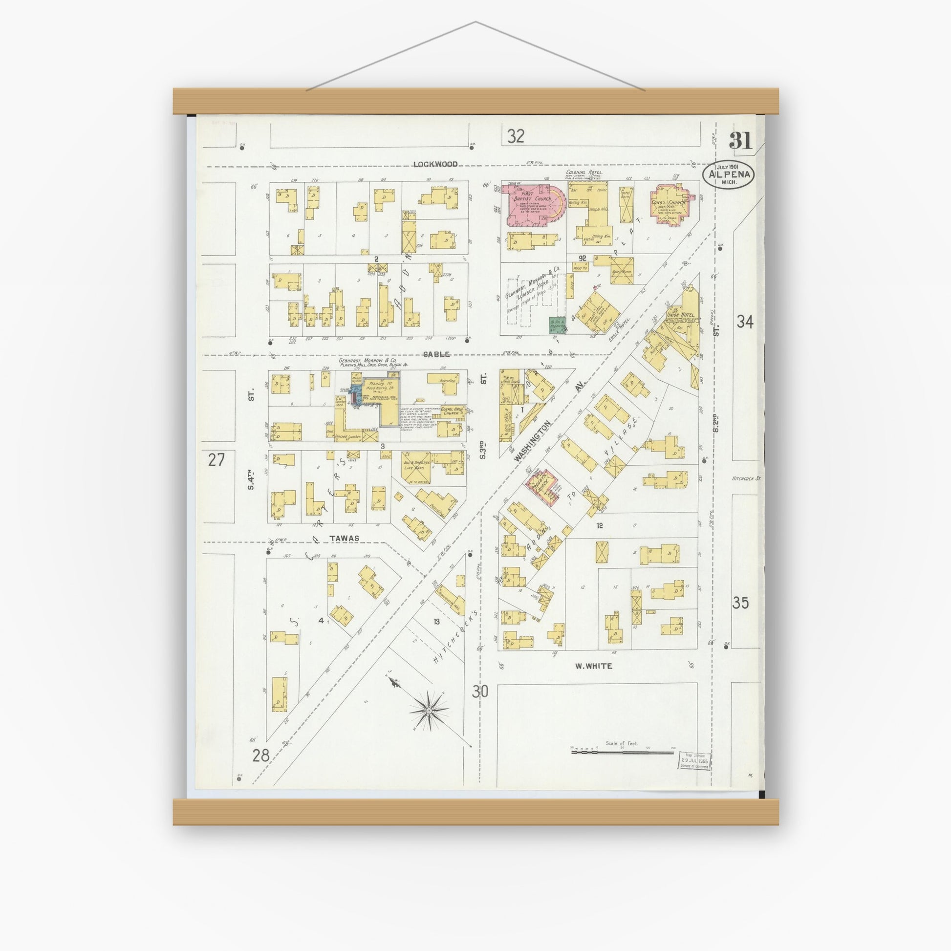 Old map wall art mockup — magnetic wood frame on white wall — Sanborn Fire Insurance Map from Alpena, Alpena County, Michigan (1901), Sheet #0031