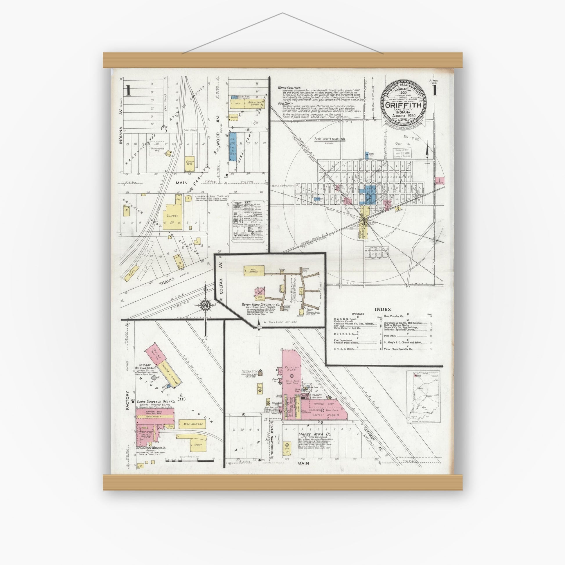Old map wall art mockup — magnetic wood frame on white wall — Sanborn Fire Insurance Map from Griffith, Lake County, Indiana (1930) - Complete Map Set
