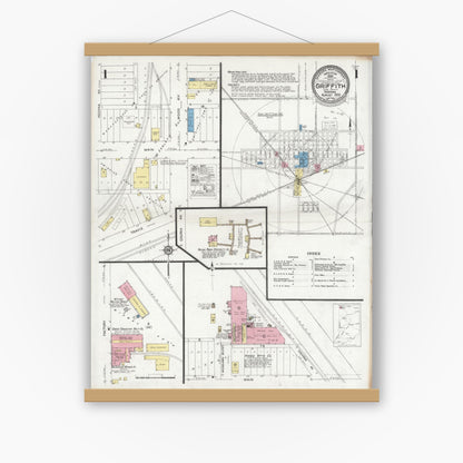 Old map wall art mockup — magnetic wood frame on white wall — Sanborn Fire Insurance Map from Griffith, Lake County, Indiana (1930) - Complete Map Set