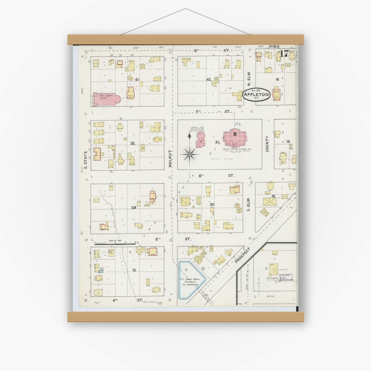 Old map wall art mockup — magnetic wood frame on white wall — Sanborn Fire Insurance Map from Appleton, Outagamie County, Wisconsin (1891), Sheet #0017