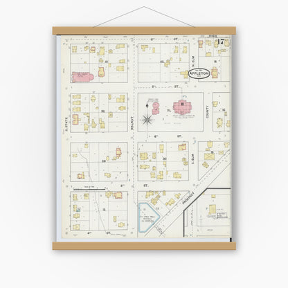 Old map wall art mockup — magnetic wood frame on white wall — Sanborn Fire Insurance Map from Appleton, Outagamie County, Wisconsin (1891), Sheet #0017