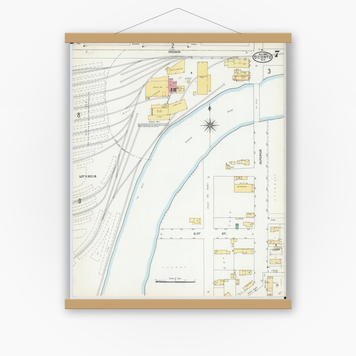 Old map wall art mockup — magnetic wood frame on white wall — Sanborn Fire Insurance Map from Oconto, Oconto County, Wisconsin (1904), Sheet #0007