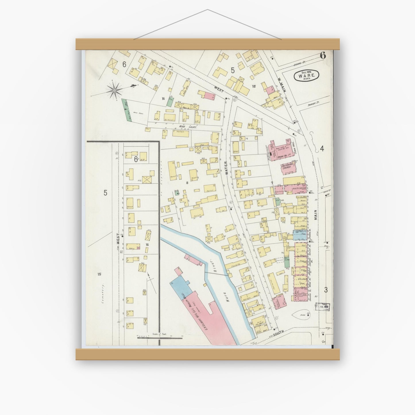 Old map wall art mockup — magnetic wood frame on white wall — Sanborn Fire Insurance Map from Ware, Hampshire County, Massachusetts (1896), Sheet #0006