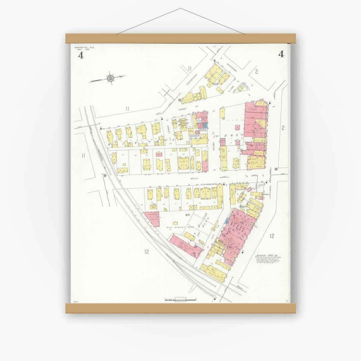 Old map wall art mockup — magnetic wood frame on white wall — Sanborn Fire Insurance Map from Marinette, Marinette County, Wisconsin (1935), Sheet #0004