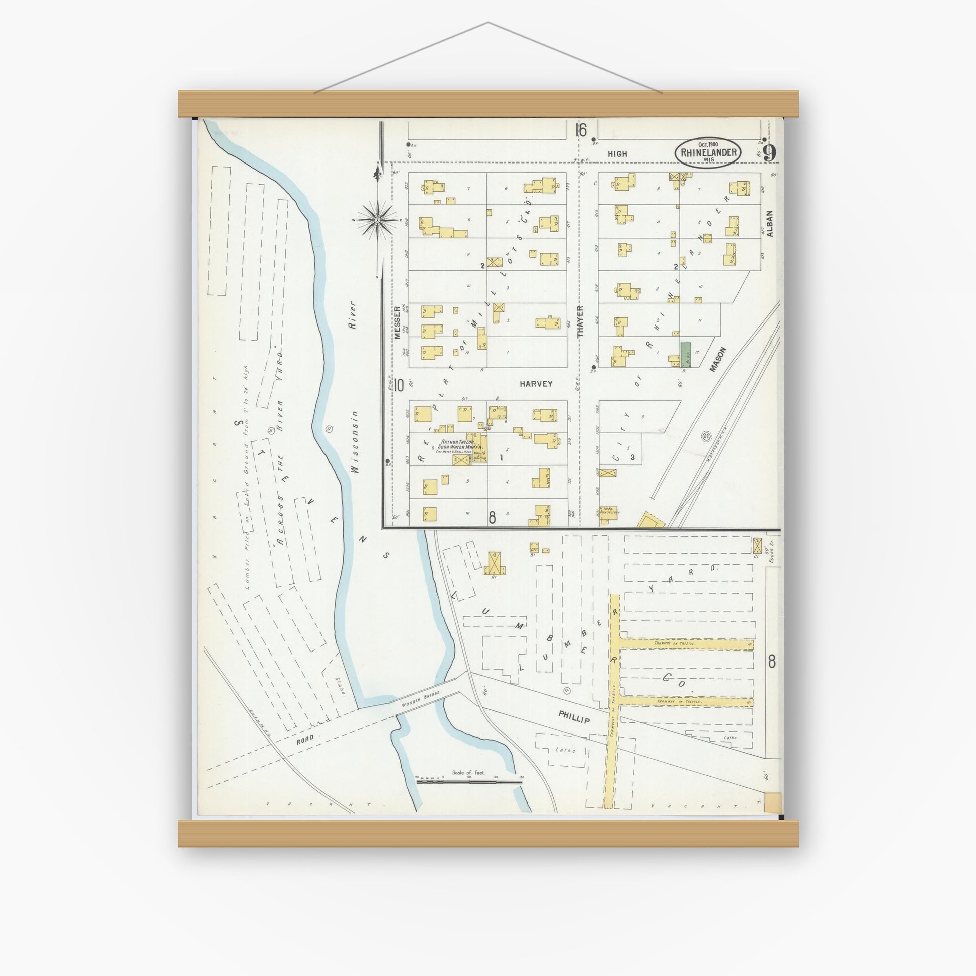 Old map wall art mockup — magnetic wood frame on white wall — Sanborn Fire Insurance Map from Rhinelander, Oneida County, Wisconsin (1900), Sheet #0009