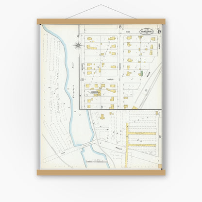 Old map wall art mockup — magnetic wood frame on white wall — Sanborn Fire Insurance Map from Rhinelander, Oneida County, Wisconsin (1900), Sheet #0009