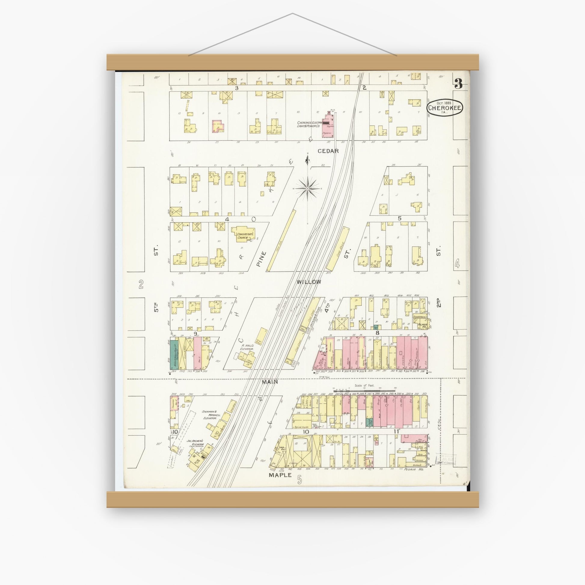 Old map wall art mockup — magnetic wood frame on white wall — Sanborn Fire Insurance Map from Cherokee, Cherokee County, Iowa (1893), Sheet #0003