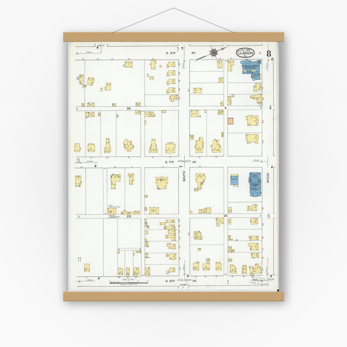 Old map wall art mockup — magnetic wood frame on white wall — Sanborn Fire Insurance Map from Clarion, Clarion County, Pennsylvania (1919), Sheet #0008