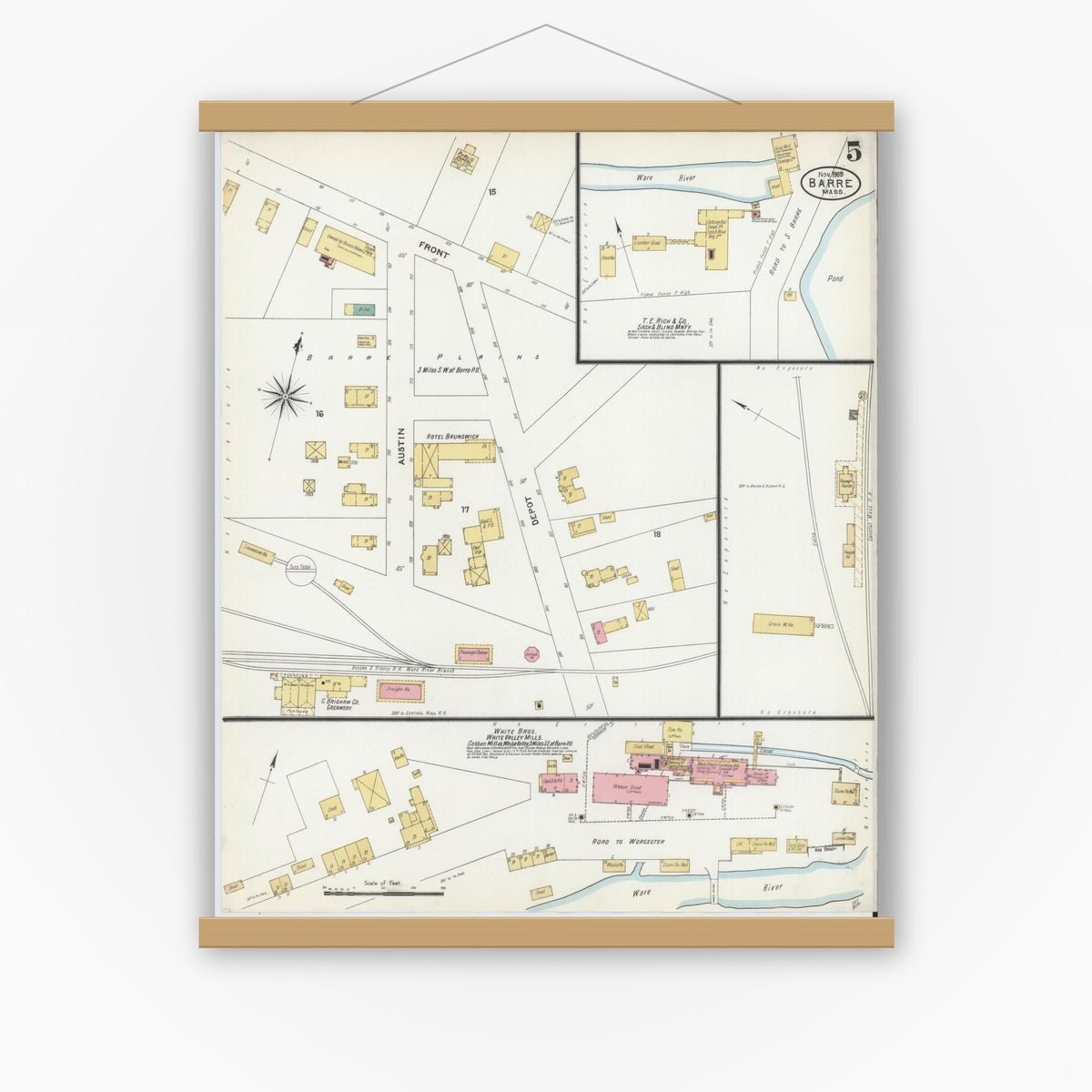 Old map wall art mockup — magnetic wood frame on white wall — Sanborn Fire Insurance Map from Barre, Worcester County, Massachusetts (1905), Sheet #0005
