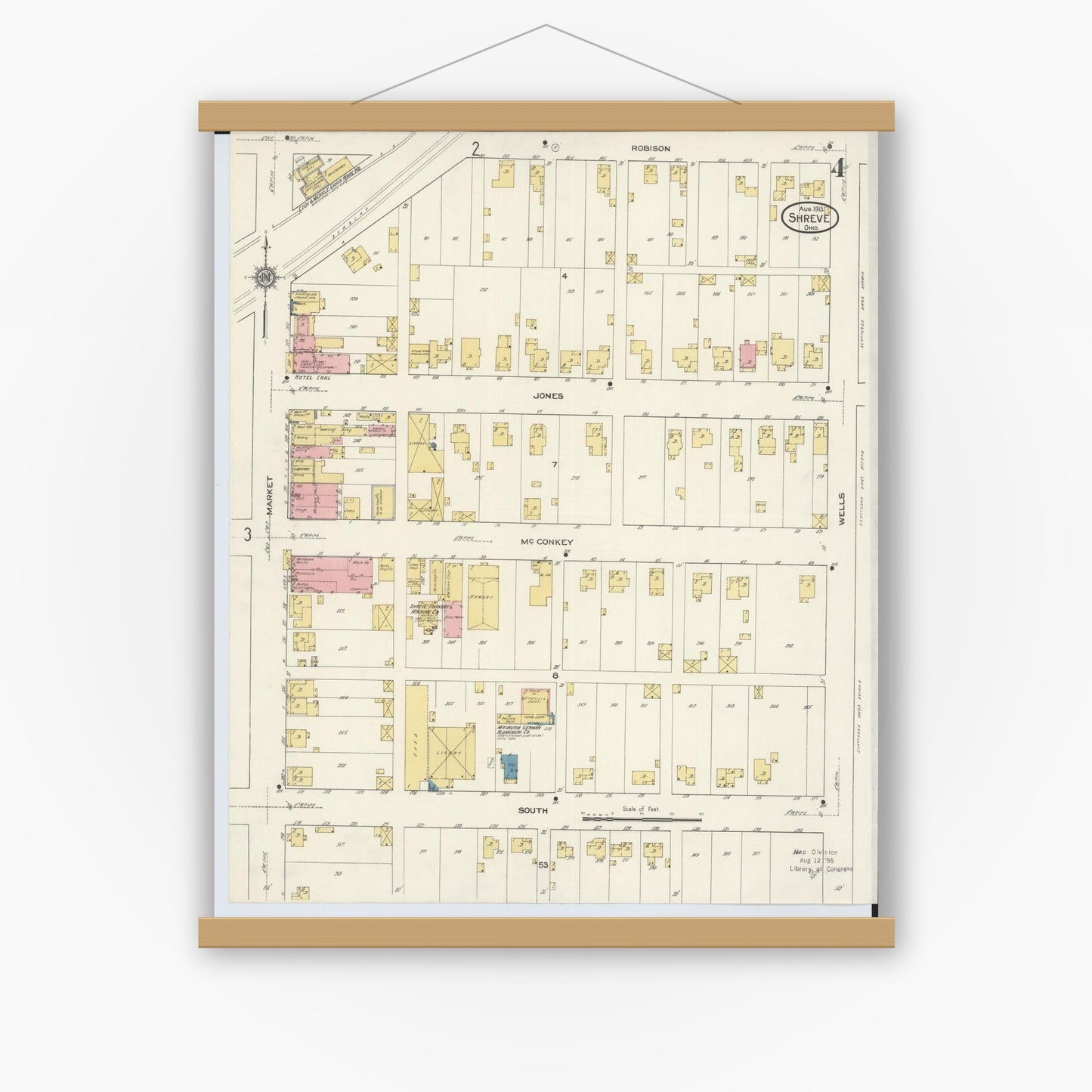 Old map wall art mockup — magnetic wood frame on white wall — Sanborn Fire Insurance Map from Shreve, Wayne County, Ohio (1913), Sheet #0004