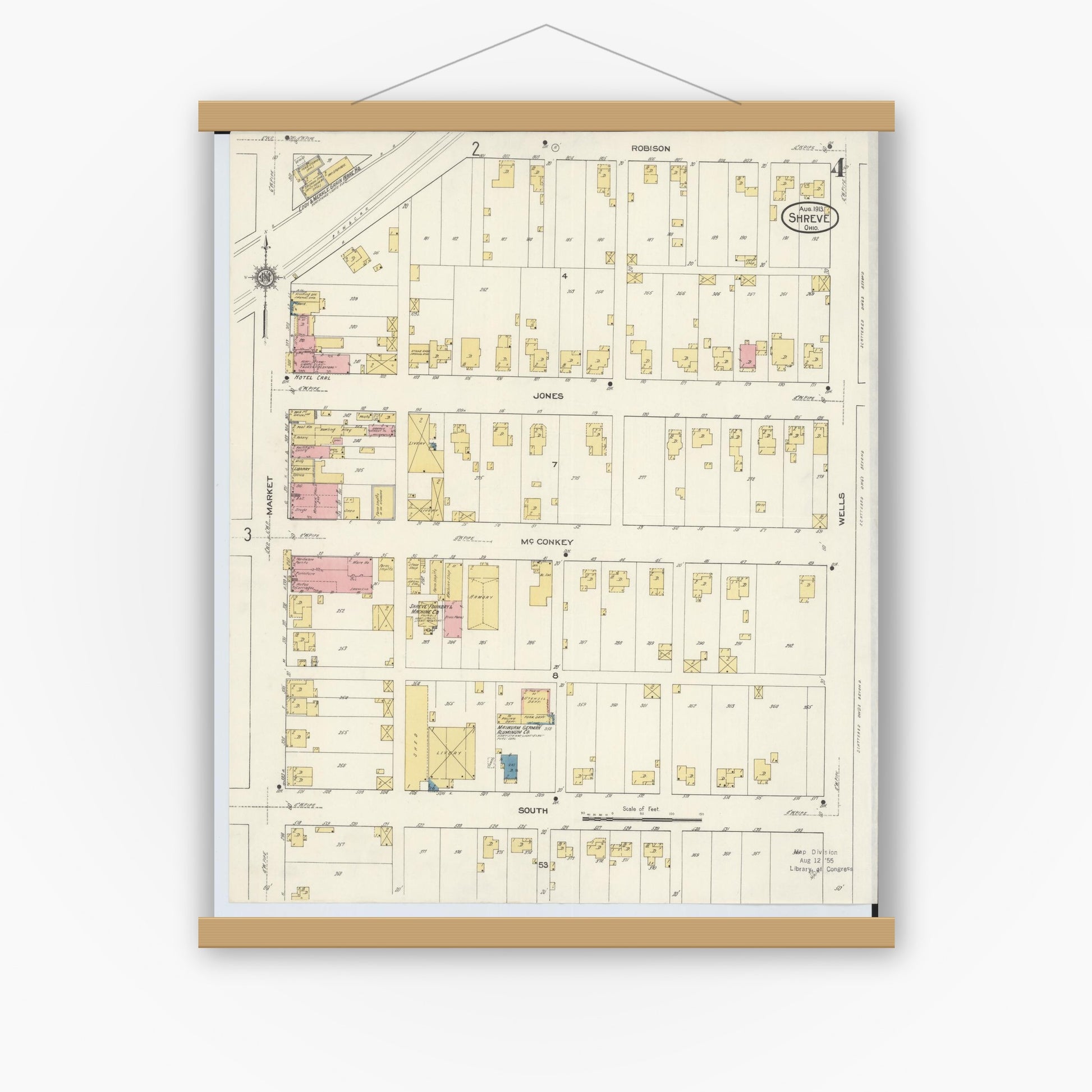 Old map wall art mockup — magnetic wood frame on white wall — Sanborn Fire Insurance Map from Shreve, Wayne County, Ohio (1913), Sheet #0004