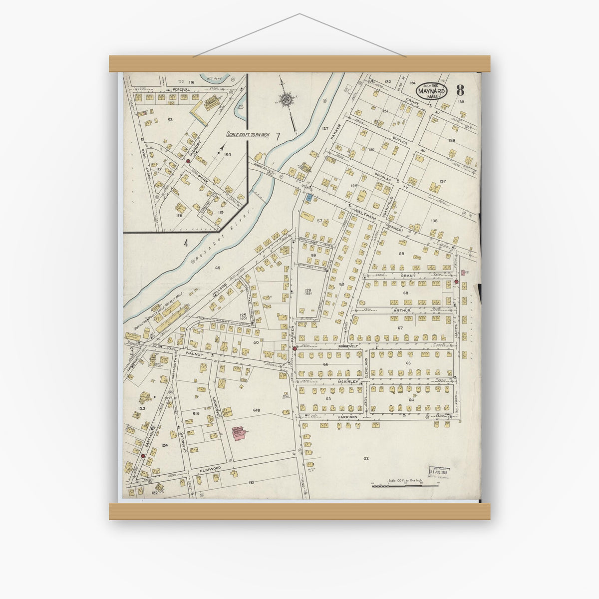 Old map wall art mockup — magnetic wood frame on white wall — Sanborn Fire Insurance Map from Maynard, Middlesex County, Massachusetts (1915), Sheet #0008