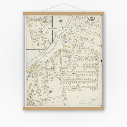 Old map wall art mockup — magnetic wood frame on white wall — Sanborn Fire Insurance Map from Maynard, Middlesex County, Massachusetts (1915), Sheet #0008