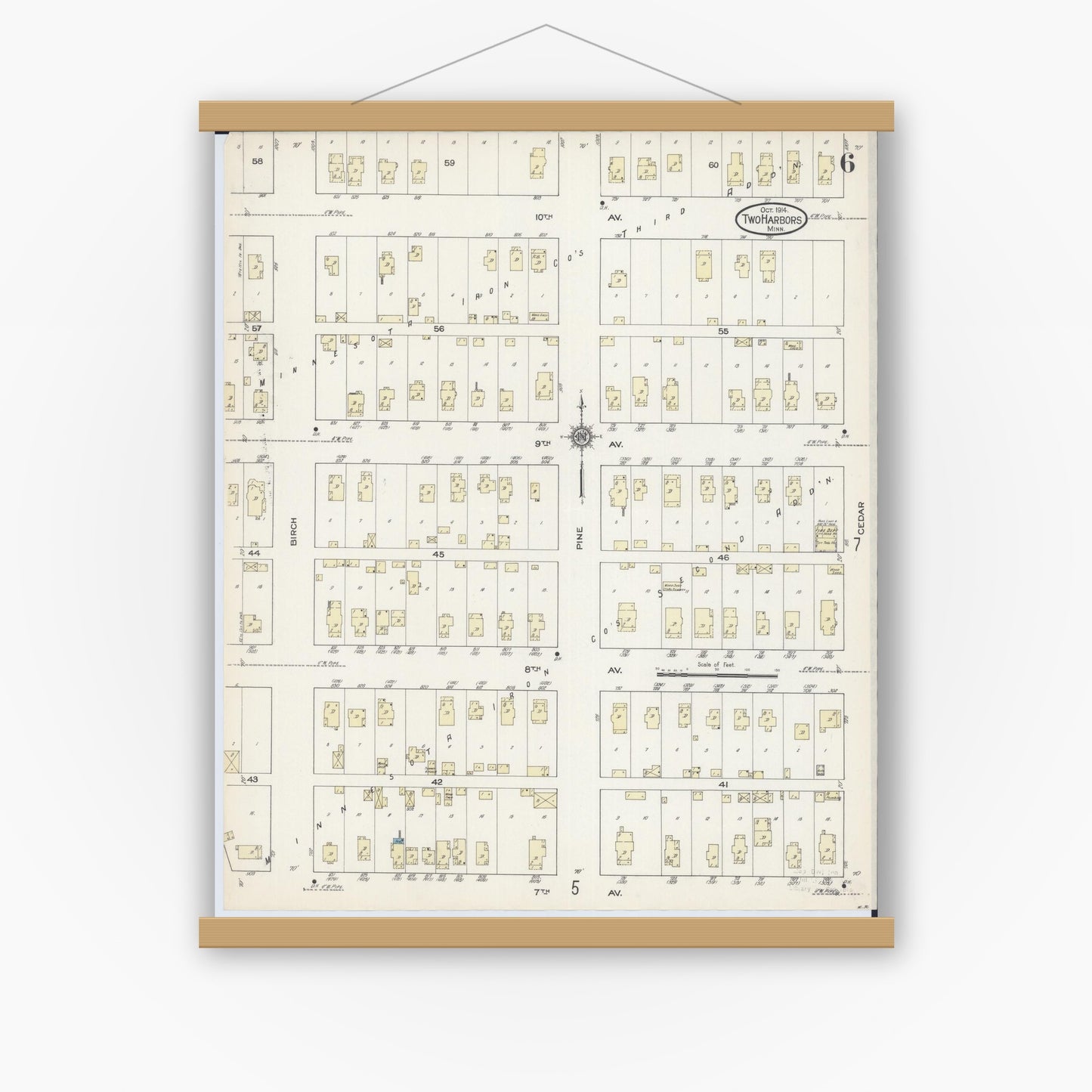 Old map wall art mockup — magnetic wood frame on white wall — Sanborn Fire Insurance Map from Two Harbors, Lake County, Minnesota (1914), Sheet #0006