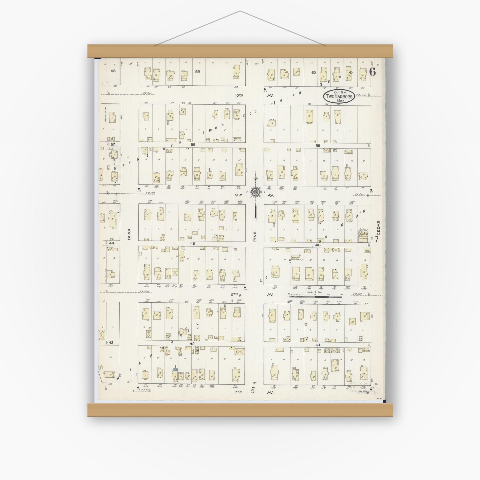 Old map wall art mockup — magnetic wood frame on white wall — Sanborn Fire Insurance Map from Two Harbors, Lake County, Minnesota (1914), Sheet #0006