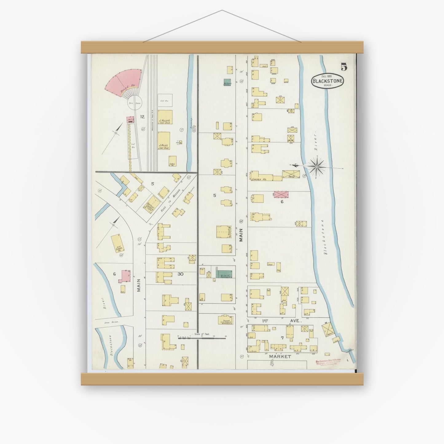 Old map wall art mockup — magnetic wood frame on white wall — Sanborn Fire Insurance Map from Blackstone, Worcester County, Massachusetts (1893), Sheet #0005