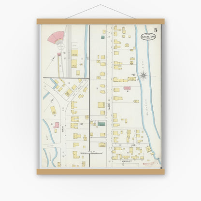 Old map wall art mockup — magnetic wood frame on white wall — Sanborn Fire Insurance Map from Blackstone, Worcester County, Massachusetts (1893), Sheet #0005