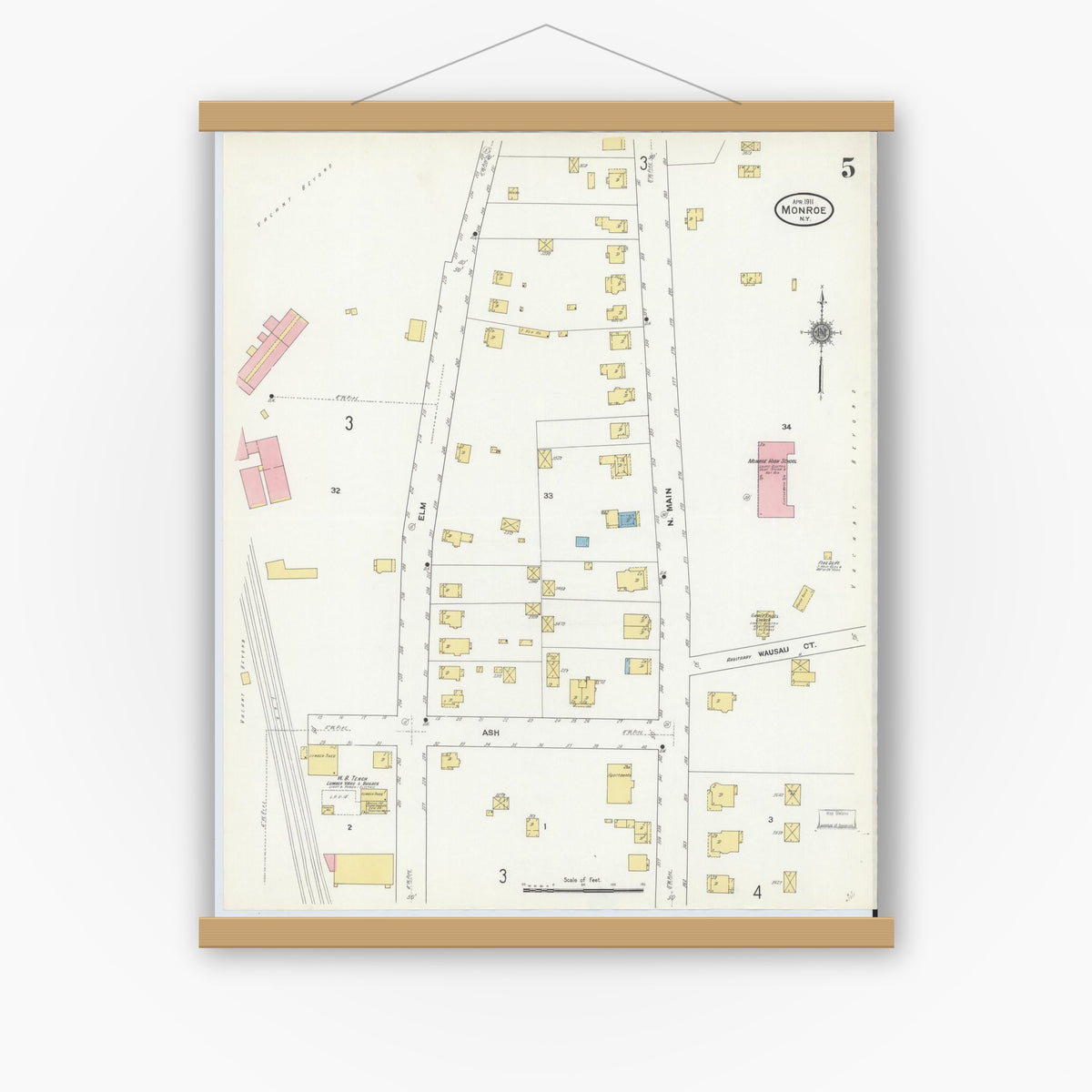 Old map wall art mockup — magnetic wood frame on white wall — Sanborn Fire Insurance Map from Monroe, Orange County, New York (1911), Sheet #0005