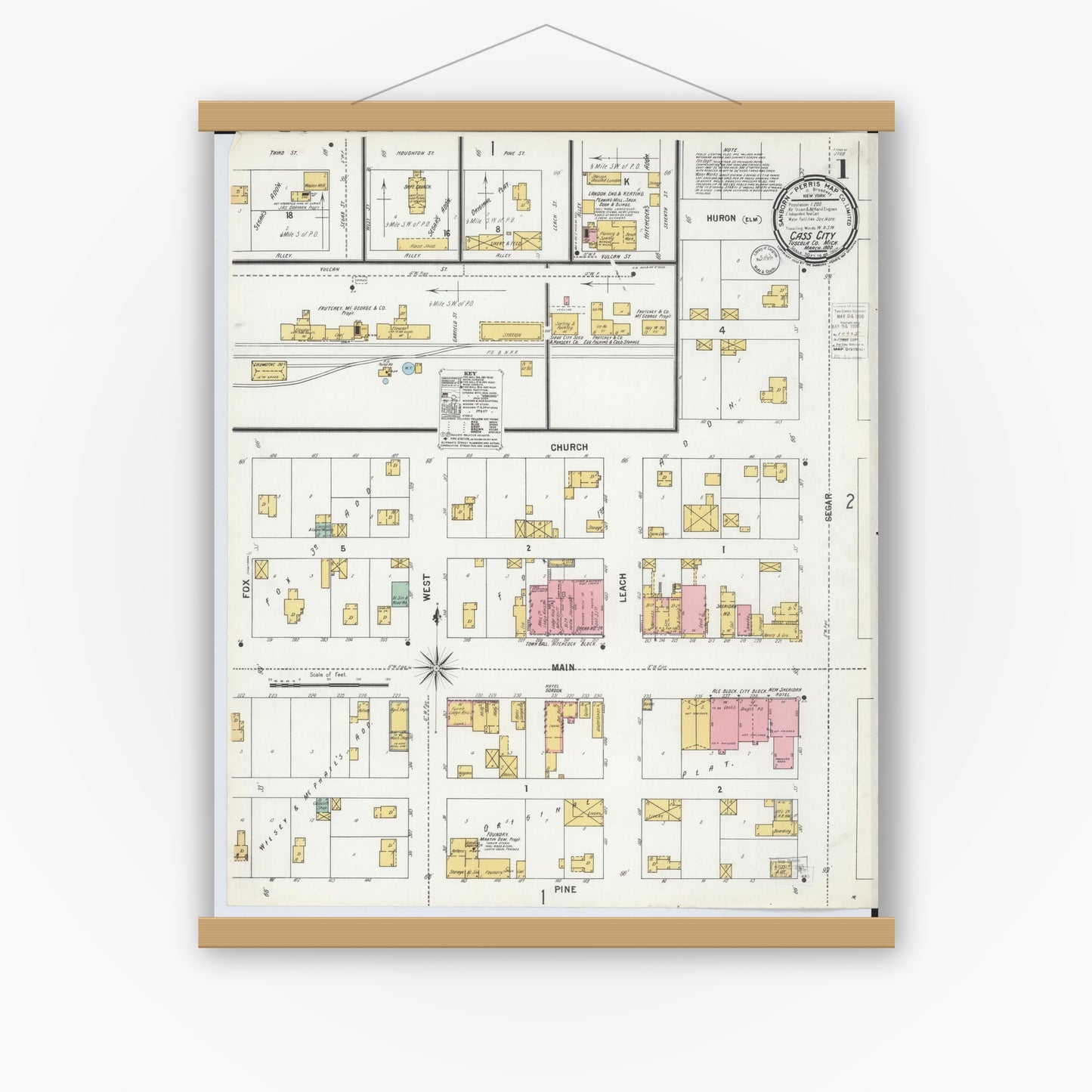 Old map wall art mockup — magnetic wood frame on white wall — Sanborn Fire Insurance Map from Cass City, Tuscola County, Michigan (1900), Sheet #0001