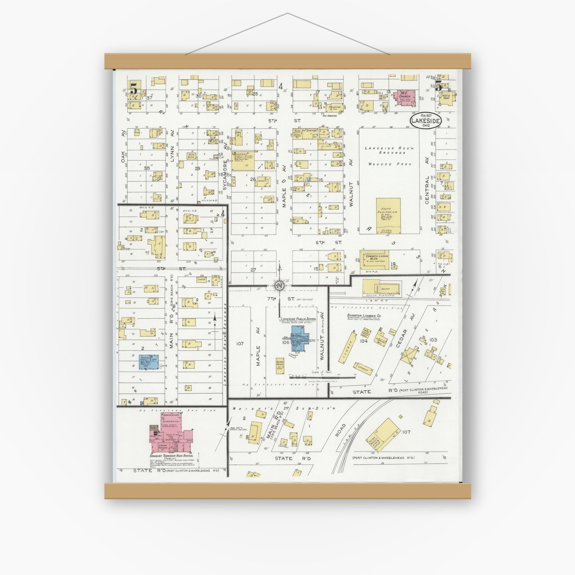 Old map wall art mockup — magnetic wood frame on white wall — Sanborn Fire Insurance Map from Lakeside, Ottawa County, Ohio (1927), Sheet #0005