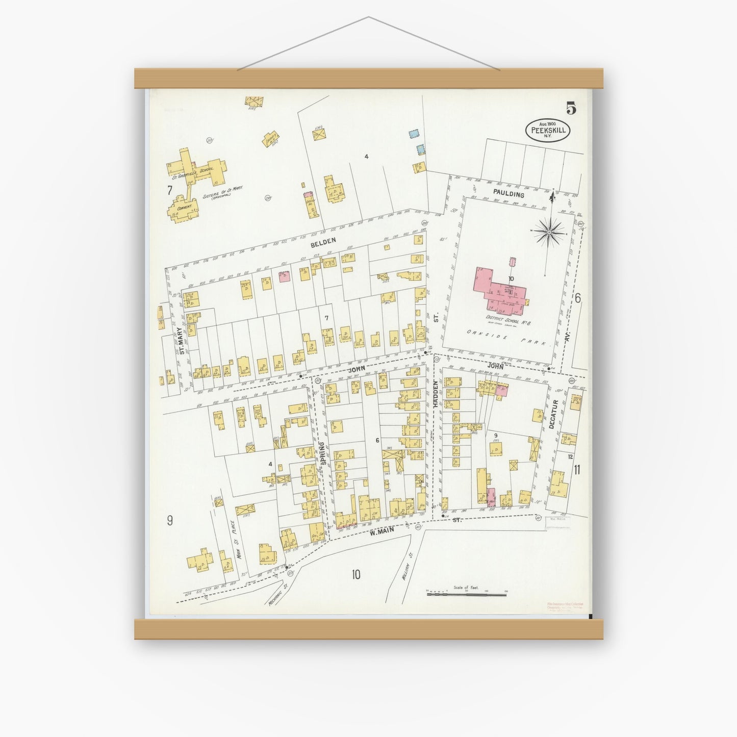 Old map wall art mockup — magnetic wood frame on white wall — Sanborn Fire Insurance Map from Peekskill, Westchester County, New York (1900), Sheet #0005