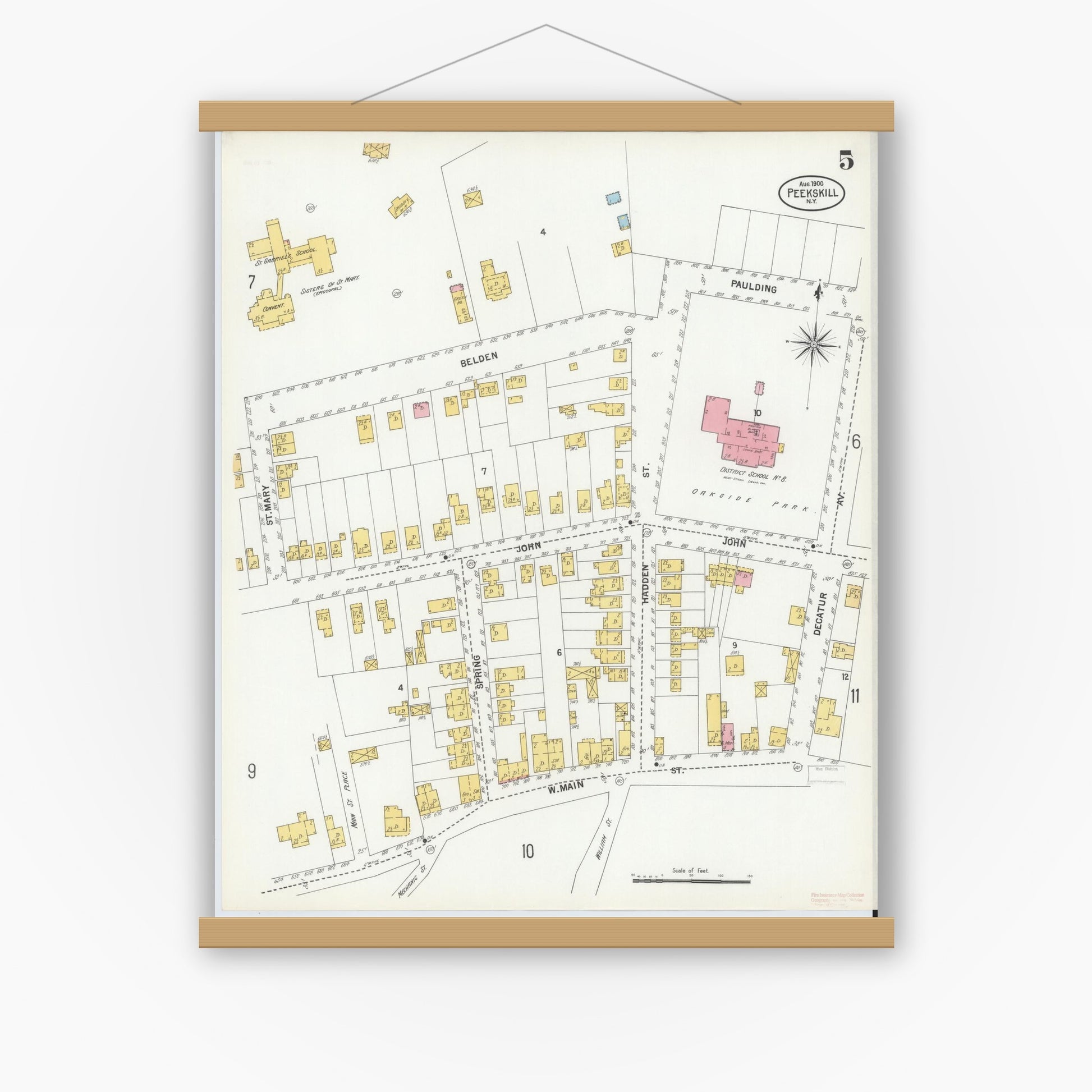 Old map wall art mockup — magnetic wood frame on white wall — Sanborn Fire Insurance Map from Peekskill, Westchester County, New York (1900), Sheet #0005