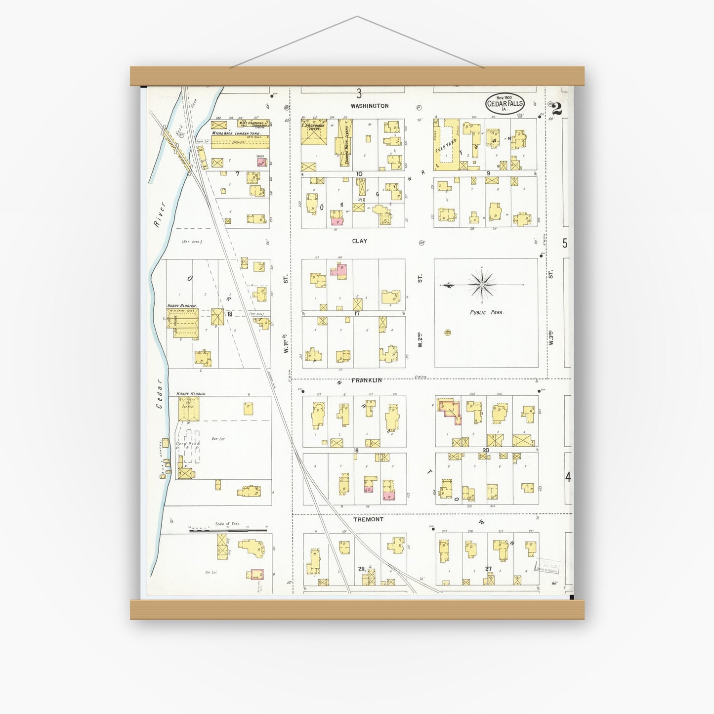 Old map wall art mockup — magnetic wood frame on white wall — Sanborn Fire Insurance Map from Cedar Falls, Black Hawk County, Iowa (1900), Sheet #0002
