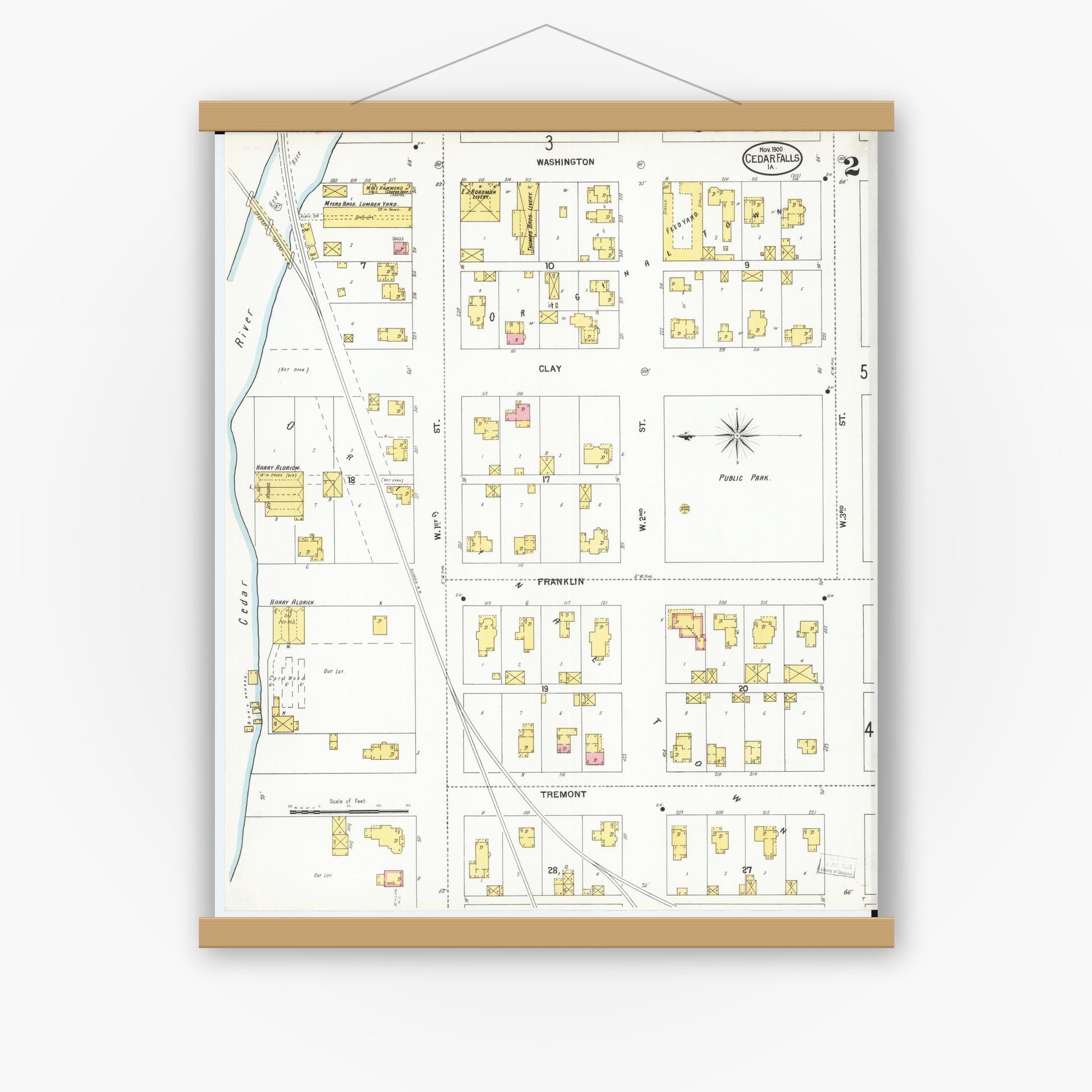Old map wall art mockup — magnetic wood frame on white wall — Sanborn Fire Insurance Map from Cedar Falls, Black Hawk County, Iowa (1900), Sheet #0002