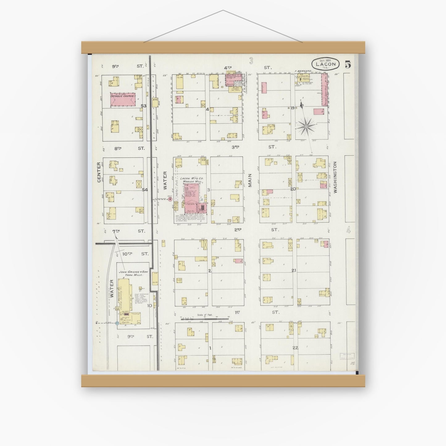 Old map wall art mockup — magnetic wood frame on white wall — Sanborn Fire Insurance Map from Lacon, Marshall County, Illinois (1893), Sheet #0005