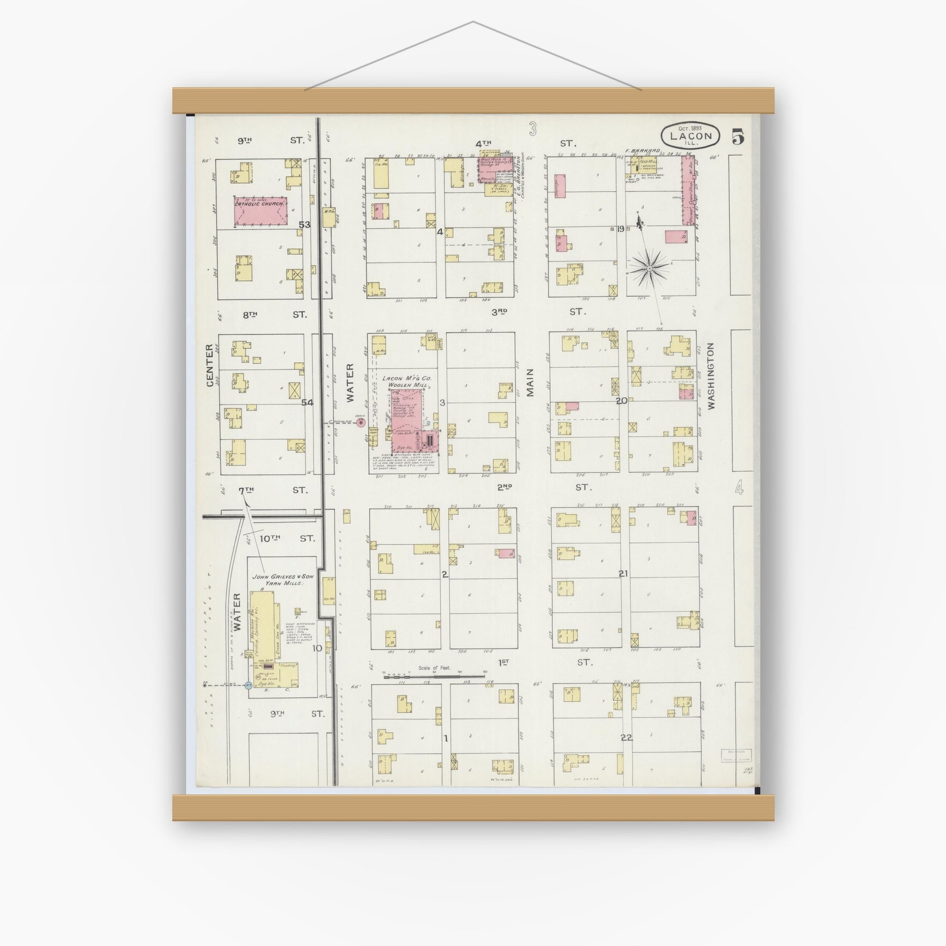 Old map wall art mockup — magnetic wood frame on white wall — Sanborn Fire Insurance Map from Lacon, Marshall County, Illinois (1893), Sheet #0005