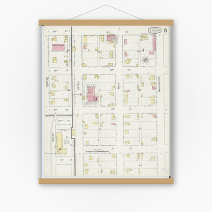 Old map wall art mockup — magnetic wood frame on white wall — Sanborn Fire Insurance Map from Lacon, Marshall County, Illinois (1893), Sheet #0005
