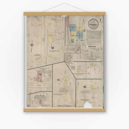 Old map wall art mockup — magnetic wood frame on white wall — Sanborn Fire Insurance Map from Albemarle, Stanley County, North Carolina (1913) - Complete Map Set