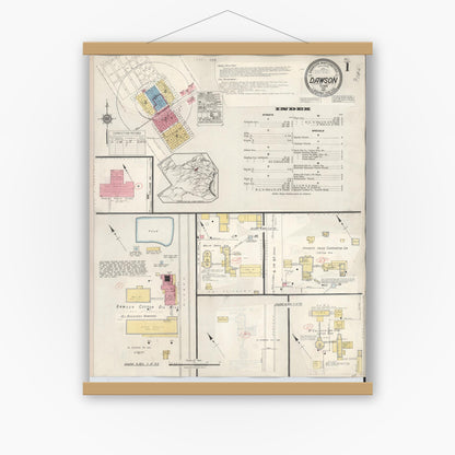 Old map wall art mockup — magnetic wood frame on white wall — Sanborn Fire Insurance Map from Dawson, Navarro County, Texas (1943), Sheet #0001