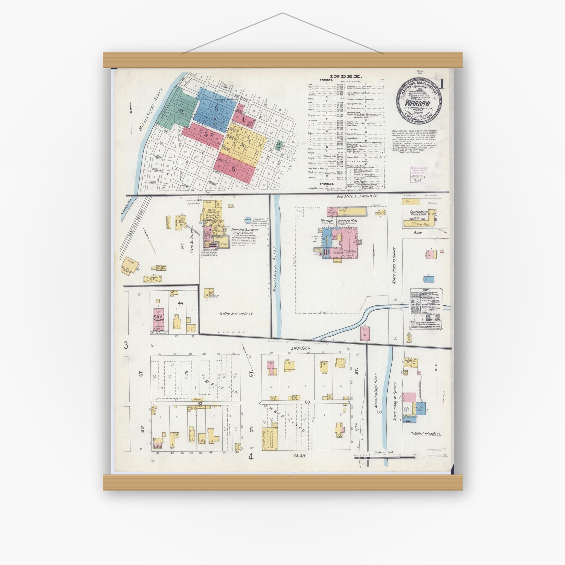 Old map wall art mockup — magnetic wood frame on white wall — Sanborn Fire Insurance Map from Warsaw, Hancock County, Illinois (1906) - Complete Map Set