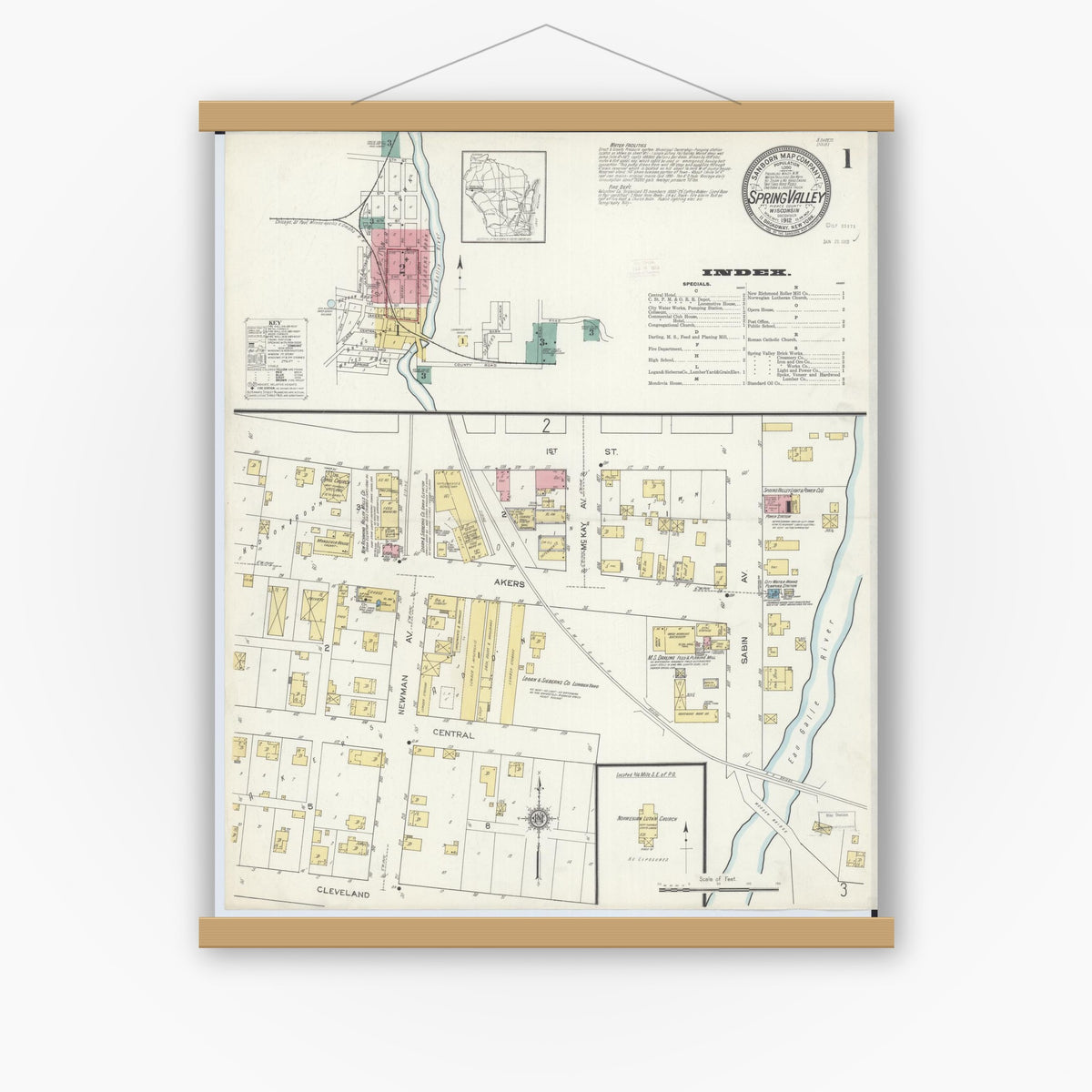 Old map wall art mockup — magnetic wood frame on white wall — Sanborn Fire Insurance Map from Spring Valley, Pierce County, Wisconsin (1912) - Complete Map Set
