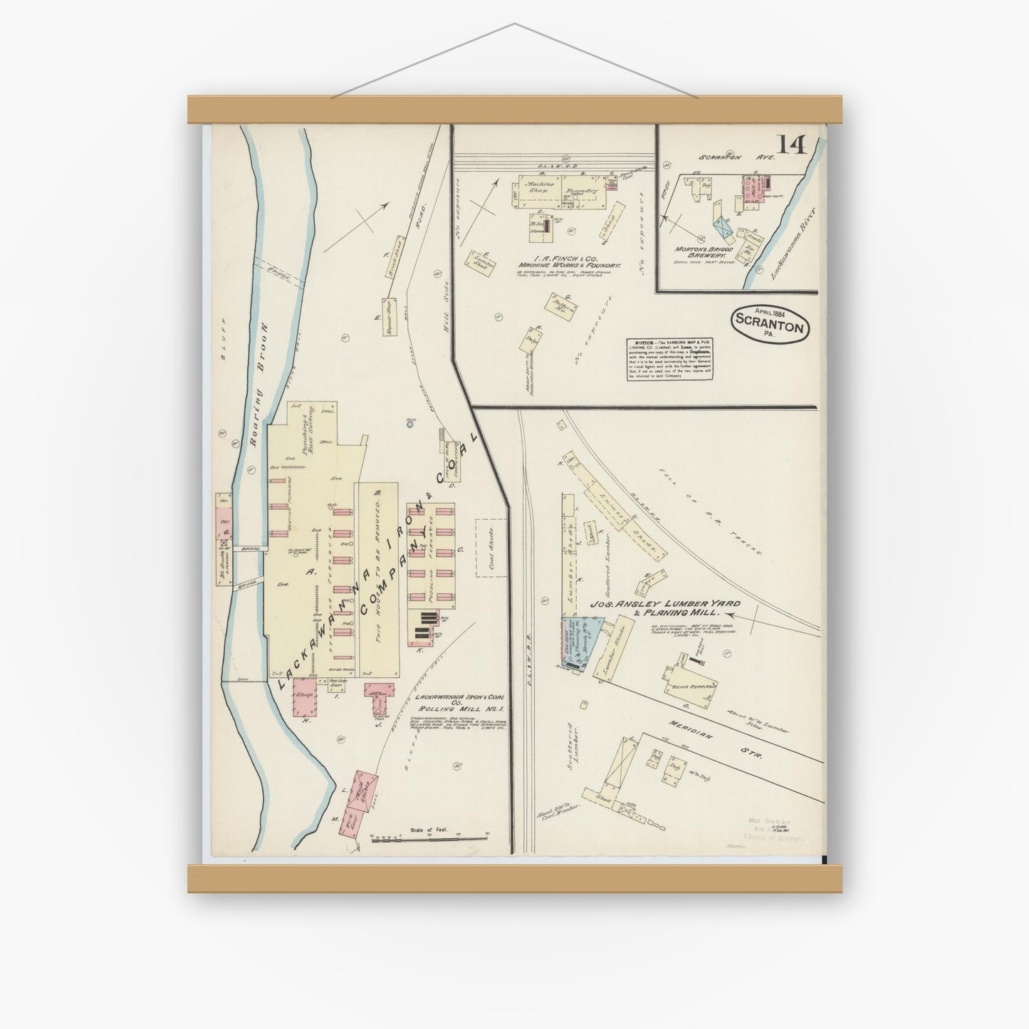 Old map wall art mockup — magnetic wood frame on white wall — Sanborn Fire Insurance Map from Scranton, Lackawanna County, Pennsylvania (1884), Sheet #0014
