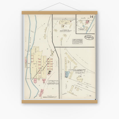 Old map wall art mockup — magnetic wood frame on white wall — Sanborn Fire Insurance Map from Scranton, Lackawanna County, Pennsylvania (1884), Sheet #0014