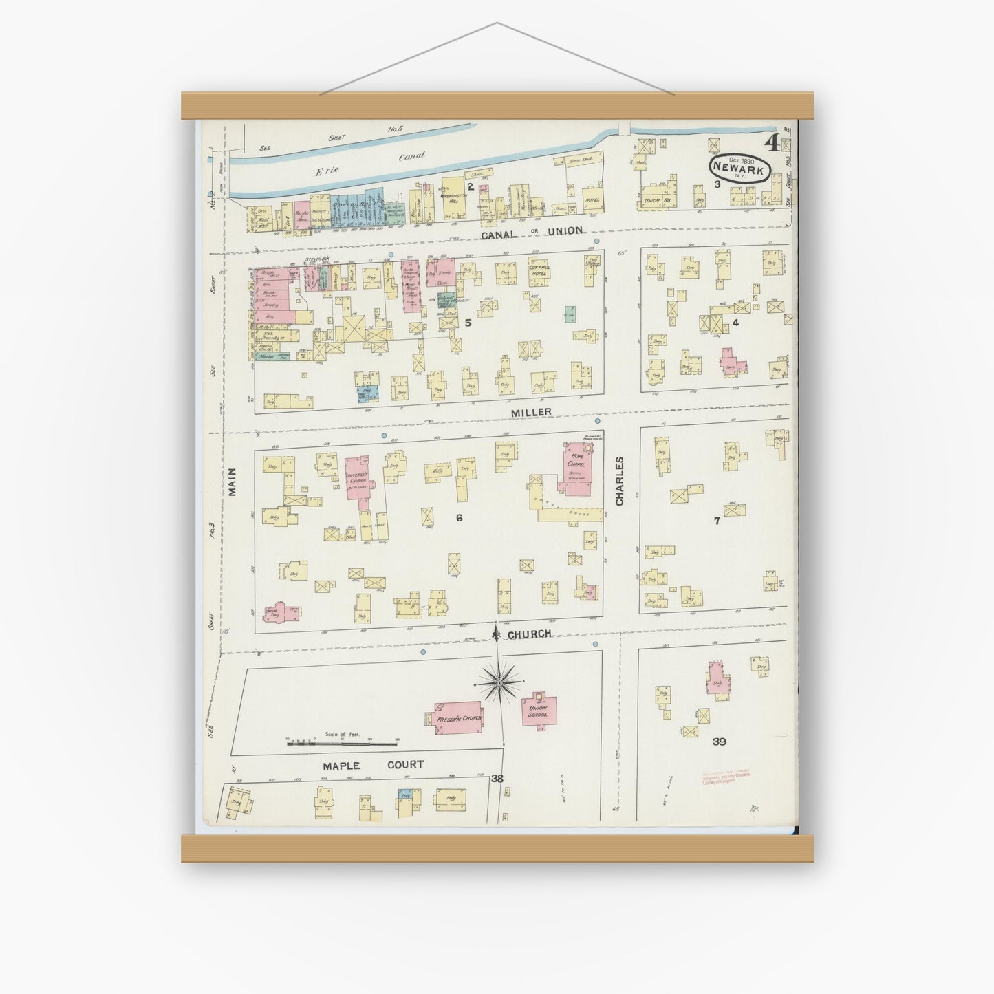 Old map wall art mockup — magnetic wood frame on white wall — Sanborn Fire Insurance Map from Newark, Wayne County, New York (1890), Sheet #0004