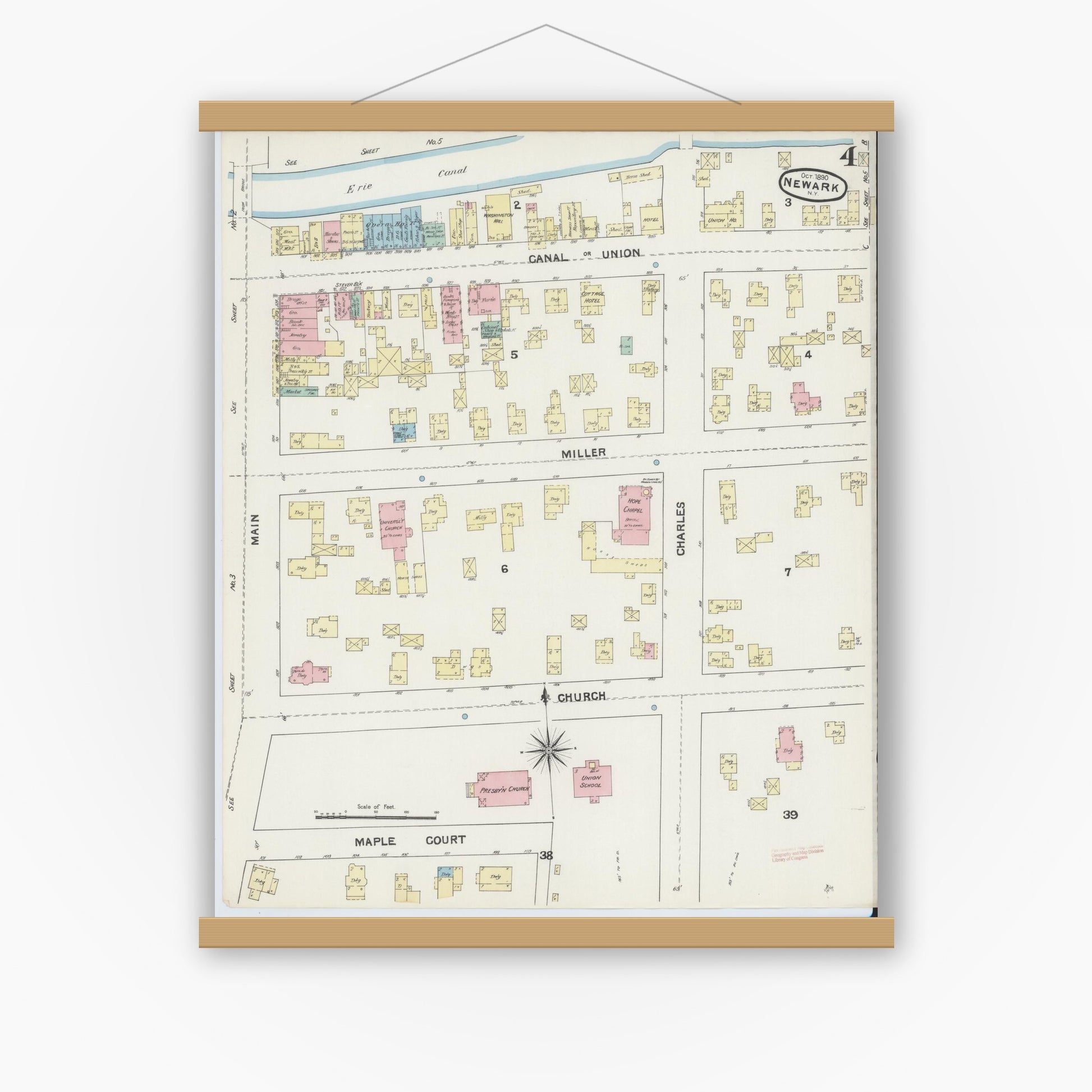 Old map wall art mockup — magnetic wood frame on white wall — Sanborn Fire Insurance Map from Newark, Wayne County, New York (1890), Sheet #0004
