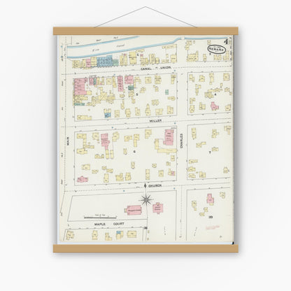 Old map wall art mockup — magnetic wood frame on white wall — Sanborn Fire Insurance Map from Newark, Wayne County, New York (1890), Sheet #0004